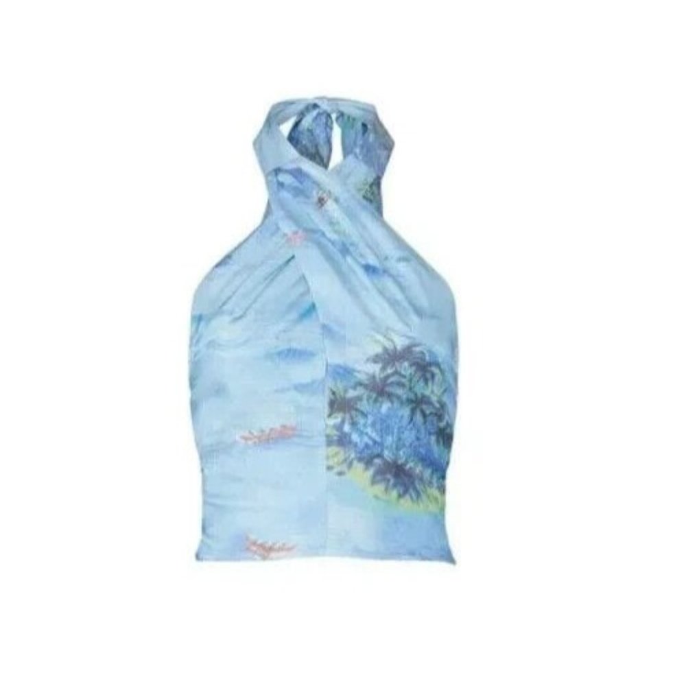 Staud $145 Blue Kai Crepe Cropped Halter Top Size 8